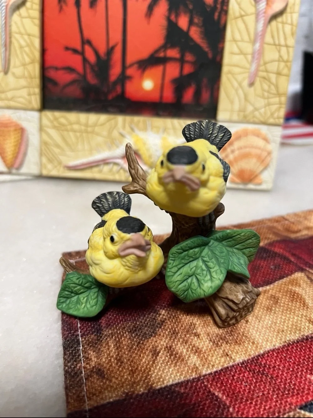 Lefton Yellow and Black Bird Figurine Pair on Branch